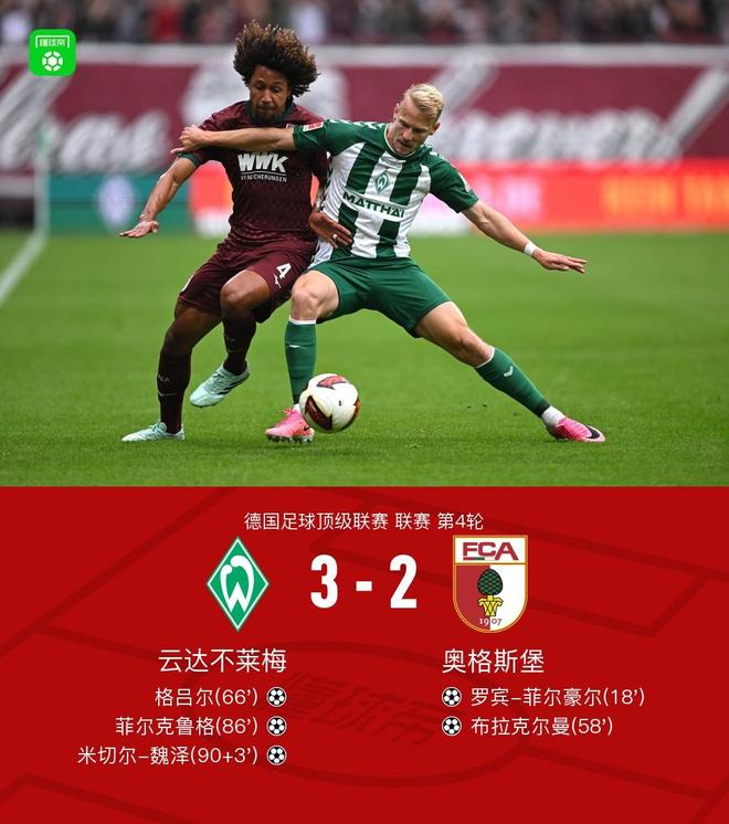 不莱梅3-2绝杀奥格斯堡，米切尔-魏泽读秒制胜